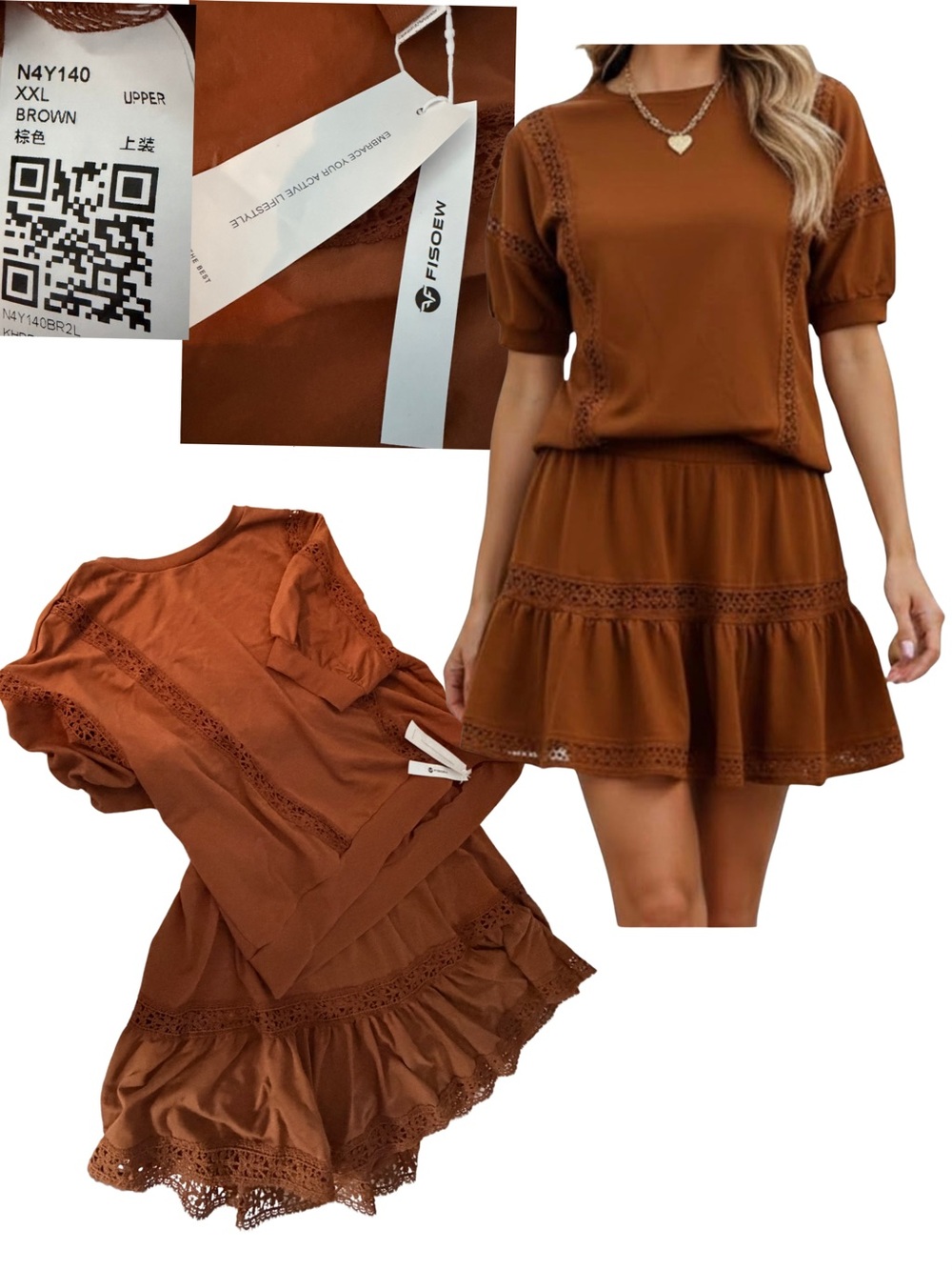 Amazon Women's Brown Crochet-Trim Tiered Skort and Shirt Set